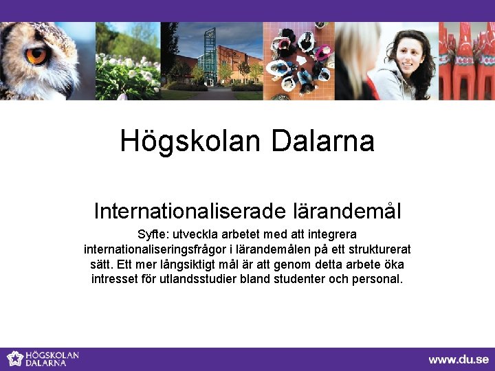 Högskolan Dalarna Internationaliserade lärandemål Syfte: utveckla arbetet med att integrera internationaliseringsfrågor i lärandemålen på