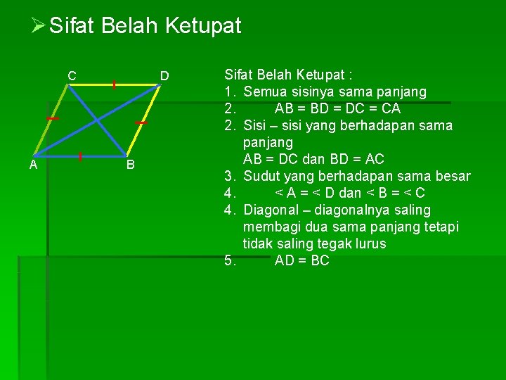 Ø Sifat Belah Ketupat C A D B Sifat Belah Ketupat : 1. Semua