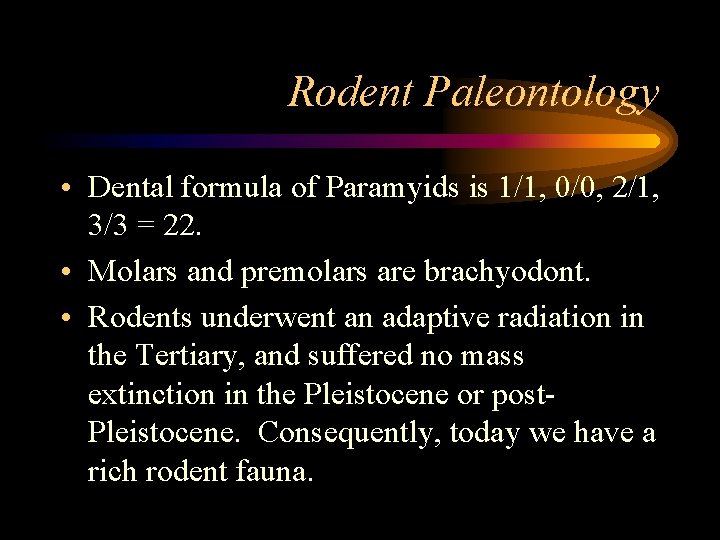 Rodent Paleontology • Dental formula of Paramyids is 1/1, 0/0, 2/1, 3/3 = 22.