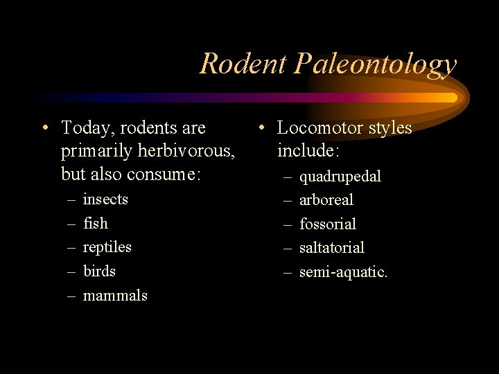 Rodent Paleontology • Today, rodents are primarily herbivorous, but also consume: – – –
