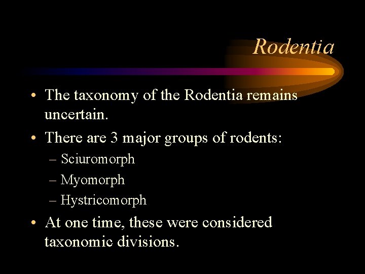 Rodentia • The taxonomy of the Rodentia remains uncertain. • There are 3 major