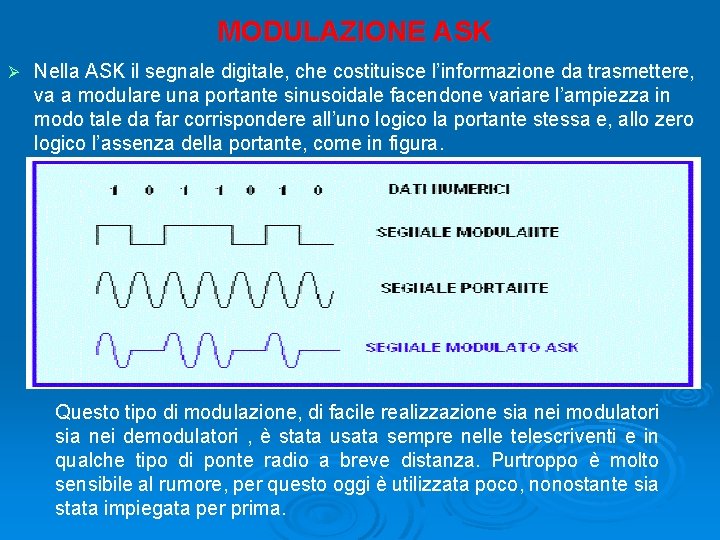 MODULAZIONE ASK Ø Nella ASK il segnale digitale, che costituisce l’informazione da trasmettere, va