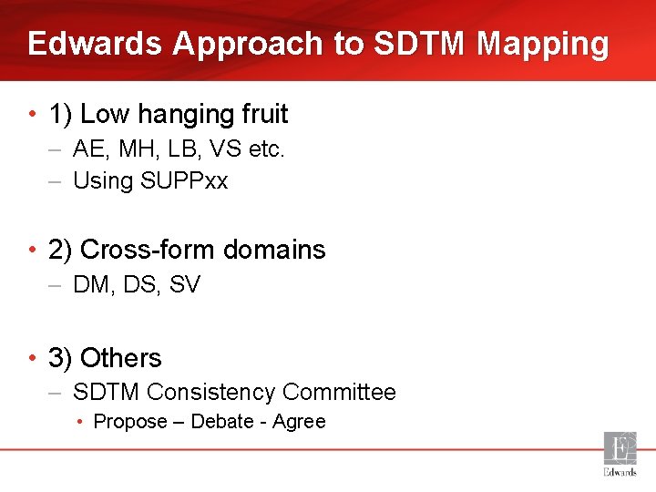 Edwards Approach to SDTM Mapping • 1) Low hanging fruit – AE, MH, LB,