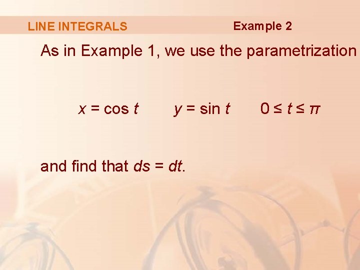 Example 2 LINE INTEGRALS As in Example 1, we use the parametrization x =