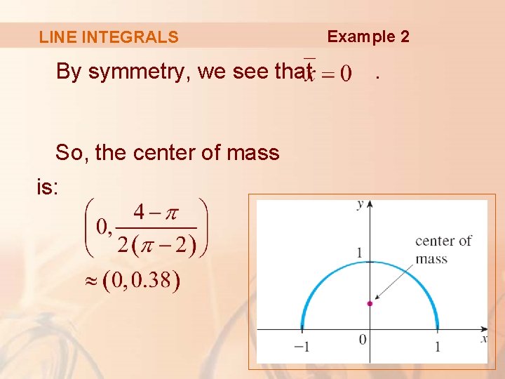 LINE INTEGRALS By symmetry, we see that So, the center of mass is: Example
