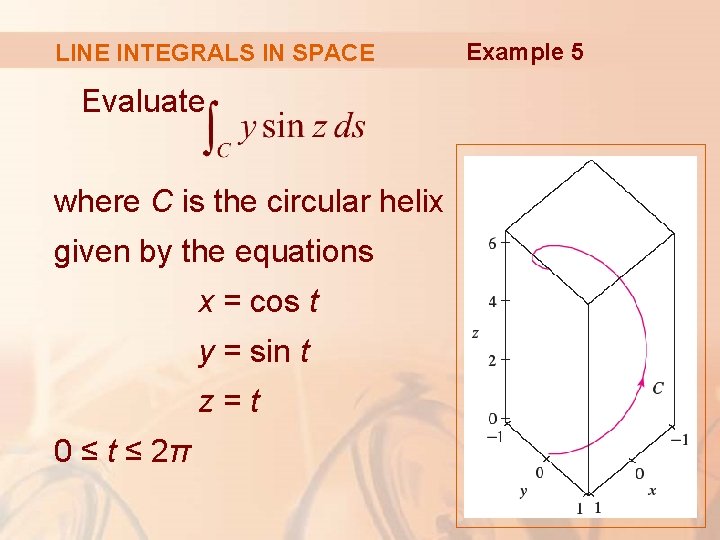 LINE INTEGRALS IN SPACE Evaluate where C is the circular helix given by the