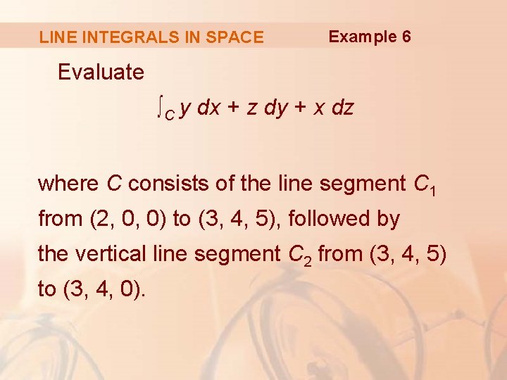 LINE INTEGRALS IN SPACE Example 6 Evaluate ∫C y dx + z dy +