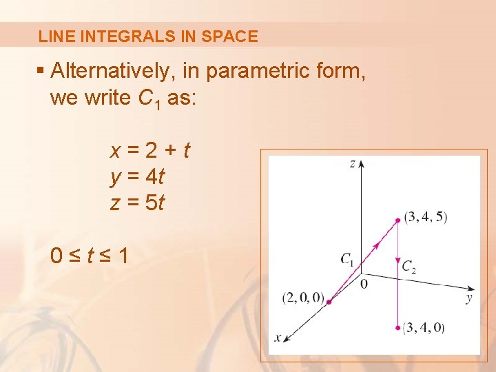 LINE INTEGRALS IN SPACE § Alternatively, in parametric form, we write C 1 as: