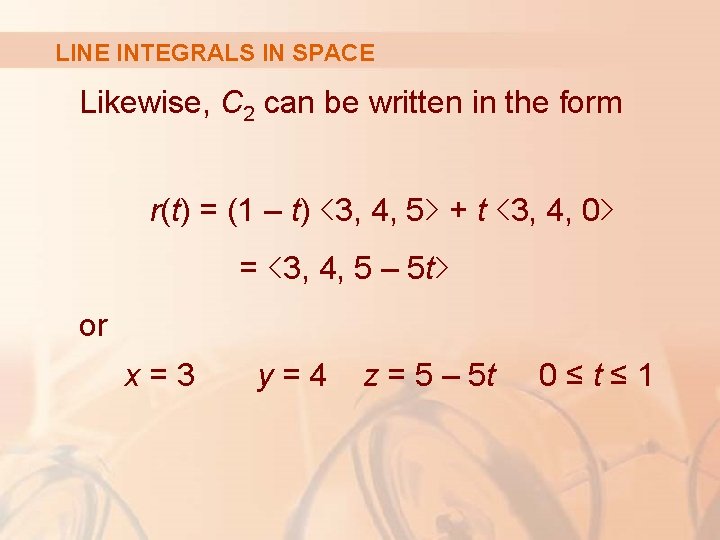 LINE INTEGRALS IN SPACE Likewise, C 2 can be written in the form r(t)