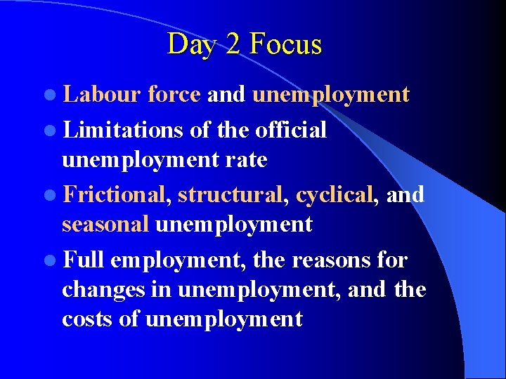 Day 2 Focus l Labour force and unemployment l Limitations of the official unemployment