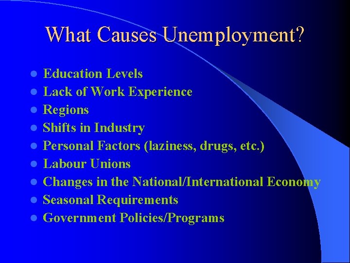 What Causes Unemployment? l l l l l Education Levels Lack of Work Experience