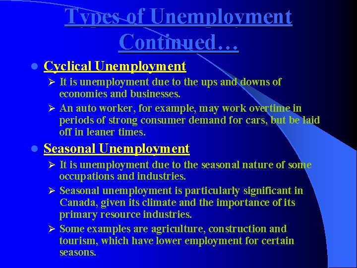 Types of Unemployment Continued… l Cyclical Unemployment Ø It is unemployment due to the