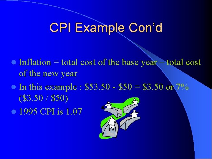 CPI Example Con’d l Inflation = total cost of the base year – total