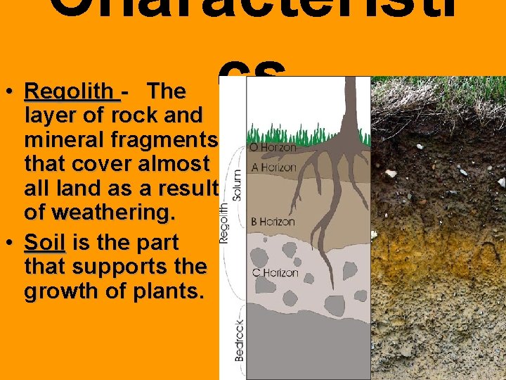 Characteristi cs • Regolith - The layer of rock and mineral fragments that cover