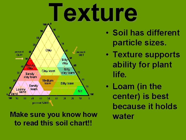 Texture Make sure you know how to read this soil chart!! • Soil has