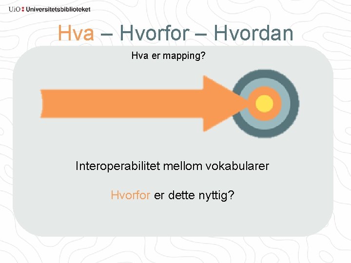 Hva – Hvorfor – Hvordan Hva er mapping? Interoperabilitet mellom vokabularer Hvorfor er dette