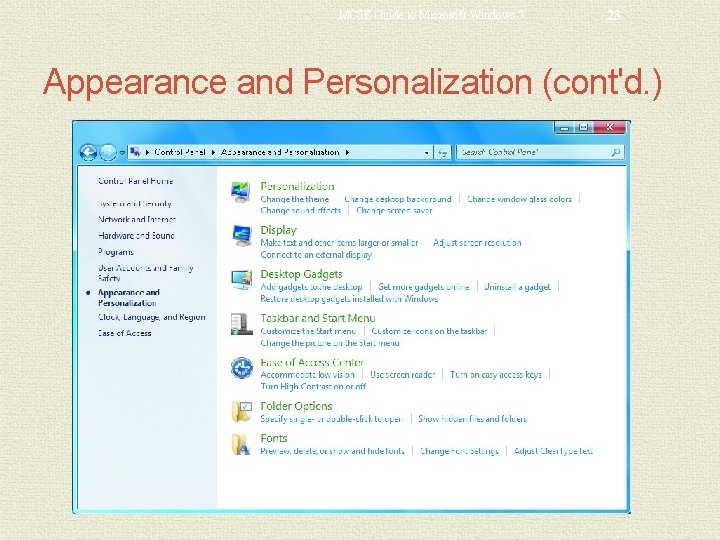 MCSE Guide to Microsoft Windows 7 23 Appearance and Personalization (cont'd. ) 