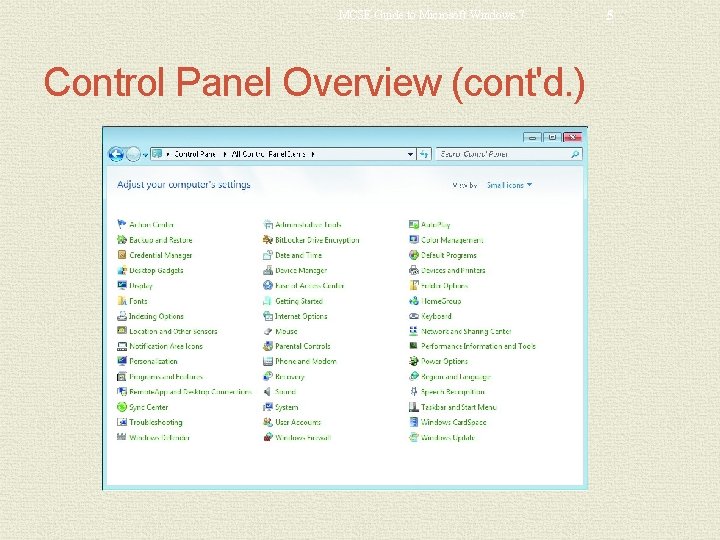 MCSE Guide to Microsoft Windows 7 Control Panel Overview (cont'd. ) 5 