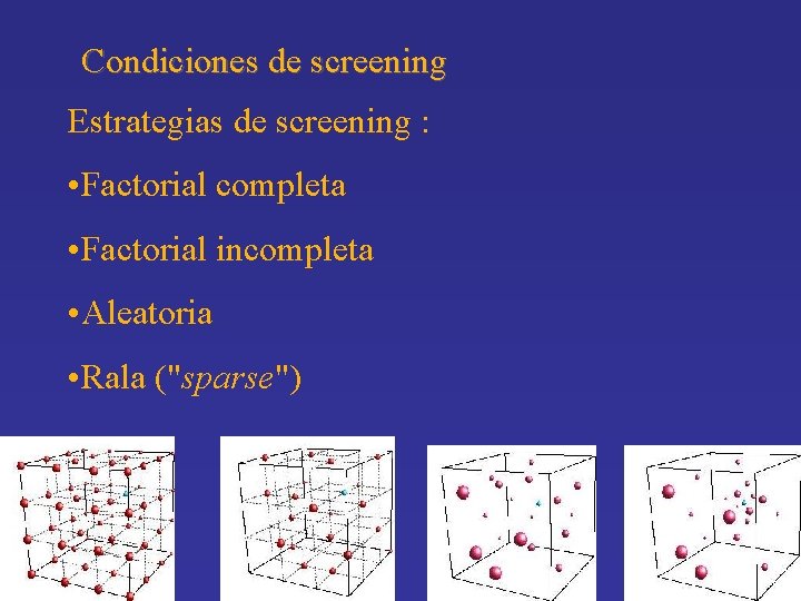 Condiciones de screening Estrategias de screening : • Factorial completa • Factorial incompleta •