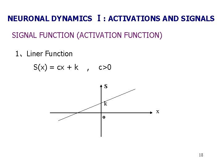 NEURONAL DYNAMICS Ⅰ: ACTIVATIONS AND SIGNALS SIGNAL FUNCTION (ACTIVATION FUNCTION) 1、Liner Function S(x) =