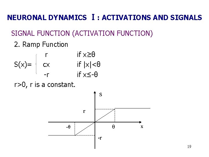 NEURONAL DYNAMICS Ⅰ: ACTIVATIONS AND SIGNALS SIGNAL FUNCTION (ACTIVATION FUNCTION) 2. Ramp Function r