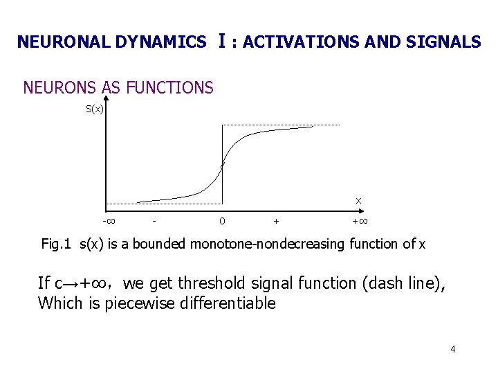 NEURONAL DYNAMICS Ⅰ: ACTIVATIONS AND SIGNALS NEURONS AS FUNCTIONS S(x) x -∞ - 0