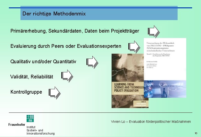Der richtige Methodenmix Primärerhebung, Sekundärdaten, Daten beim Projektträger Evaluierung durch Peers oder Evaluationsexperten Qualitativ