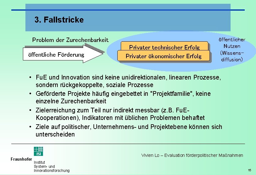 3. Fallstricke Problem der Zurechenbarkeit öffentliche Förderung Privater technischer Erfolg Privater ökonomischer Erfolg öffentlicher