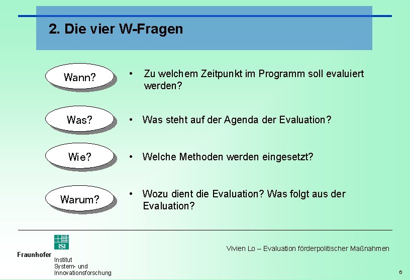 2. Die vier W-Fragen Wann? Zu welchem Zeitpunkt im Programm soll evaluiert werden? Was?