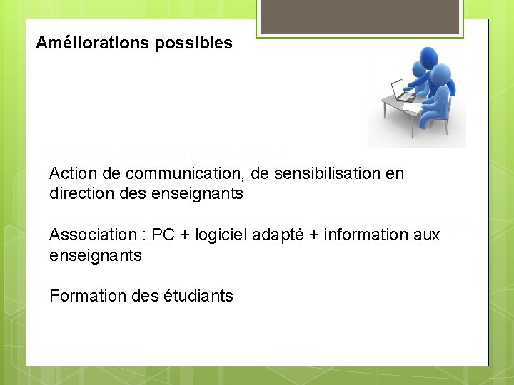 Améliorations possibles C’est un tem Action de communication, de sensibilisation en direction des enseignants