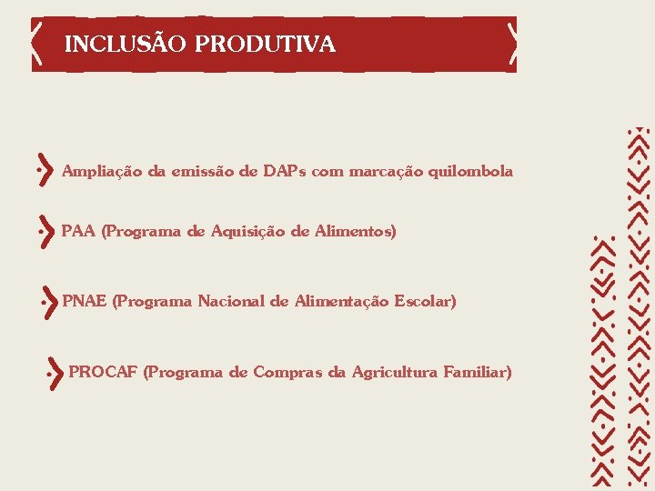 INCLUSÃO PRODUTIVA Ampliação da emissão de DAPs com marcação quilombola PAA (Programa de Aquisição