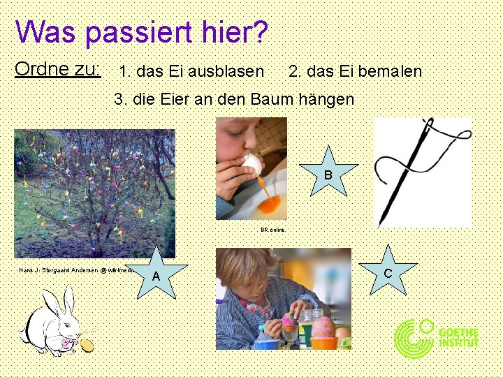 Was passiert hier? Ordne zu: 1. das Ei ausblasen 2. das Ei bemalen 3.