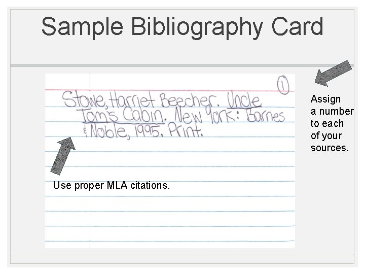 Sample Bibliography Card Assign a number to each of your sources. Use proper MLA