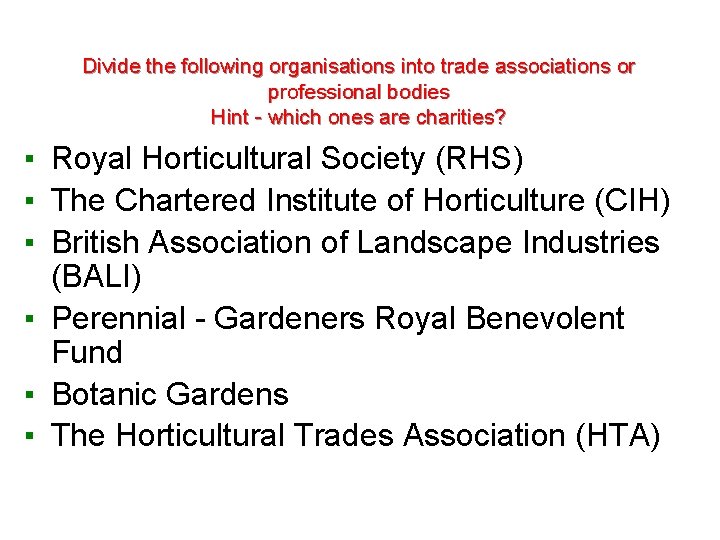 Divide the following organisations into trade associations or professional bodies Hint - which ones