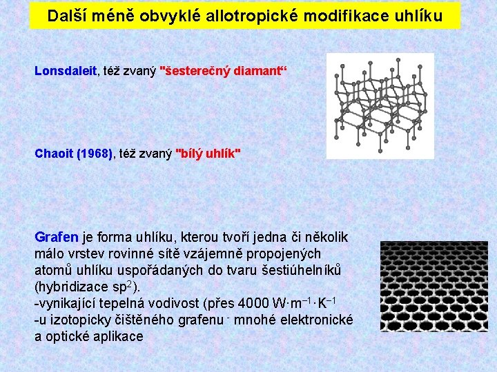 Další méně obvyklé allotropické modifikace uhlíku Lonsdaleit, též zvaný "šesterečný diamant“ Chaoit (1968), též