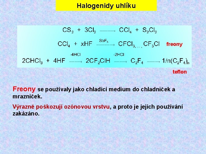 Halogenidy uhlíku freony teflon Freony se používaly jako chladicí medium do chladniček a mrazniček.