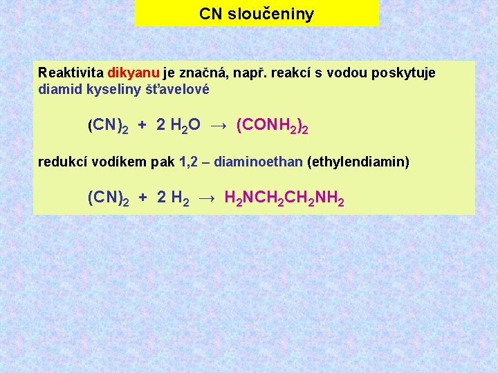 CN sloučeniny Reaktivita dikyanu je značná, např. reakcí s vodou poskytuje diamid kyseliny šťavelové