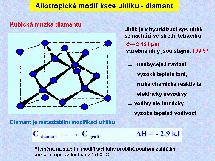 Allotropické modifikace uhlíku - diamant Kubická mřížka diamantu Uhlík je v hybridizaci sp 3,