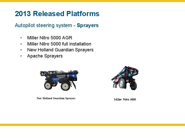 2013 Released Platforms Autopilot steering system - Sprayers • • Miller Nitro 5000 AGR