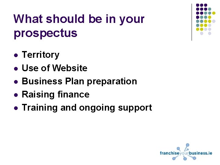 What should be in your prospectus l l l Territory Use of Website Business