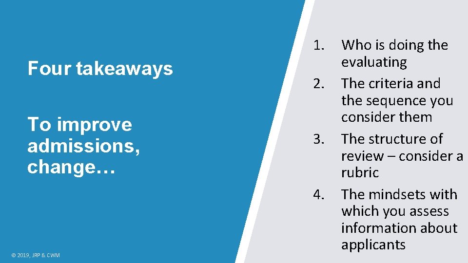 1. Four takeaways To improve admissions, change… 2. 3. 4. © 2019, JRP &