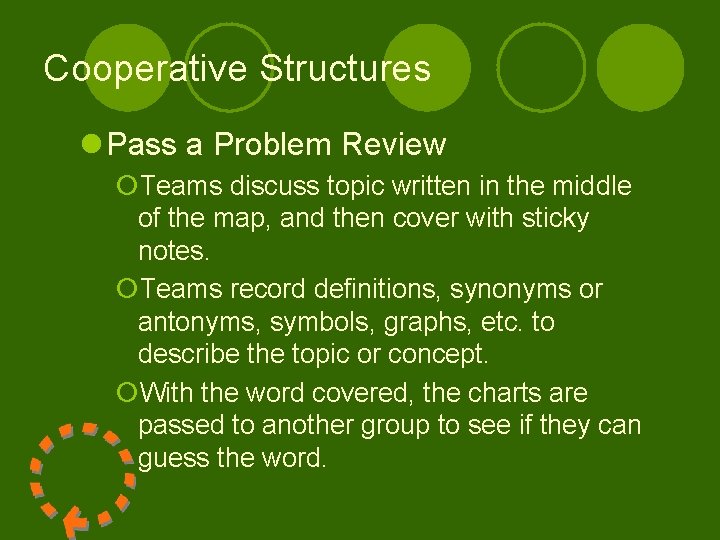 Cooperative Structures l Pass a Problem Review ¡Teams discuss topic written in the middle