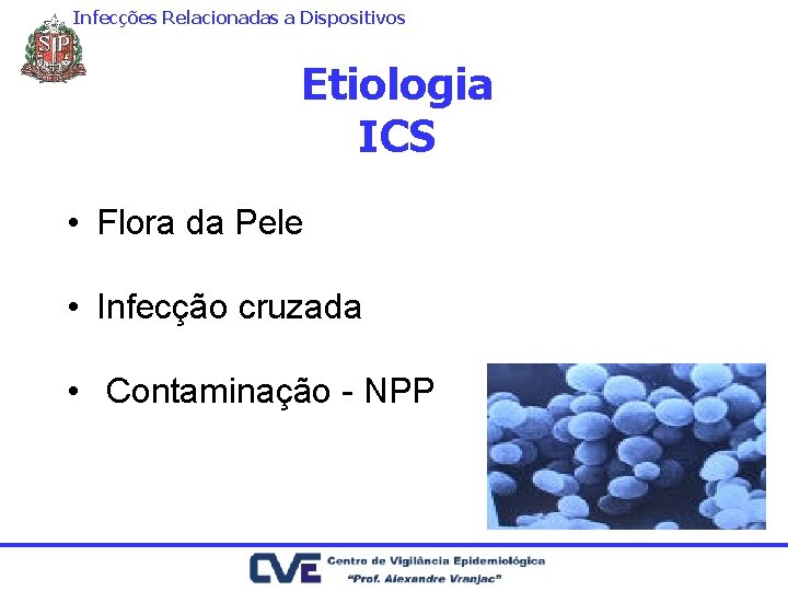 Infecções Relacionadas a Dispositivos Etiologia ICS • Flora da Pele • Infecção cruzada •