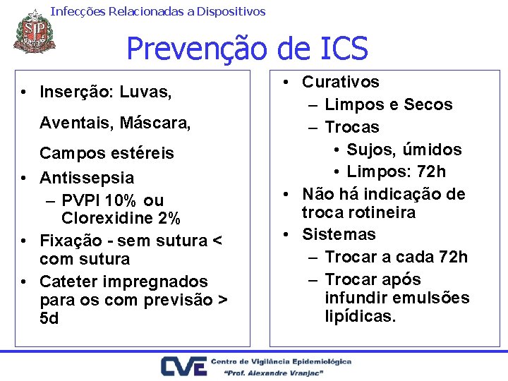 Infecções Relacionadas a Dispositivos Prevenção de ICS • Inserção: Luvas, Aventais, Máscara, Campos estéreis