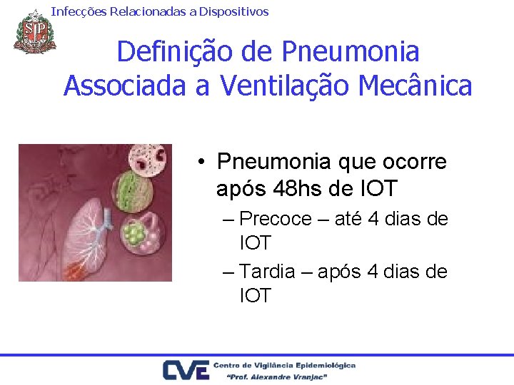 Infecções Relacionadas a Dispositivos Definição de Pneumonia Associada a Ventilação Mecânica • Pneumonia que