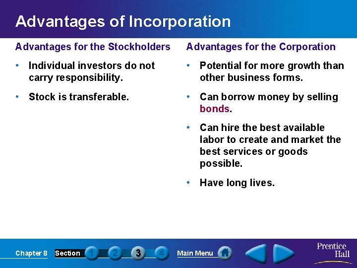 Advantages of Incorporation Advantages for the Stockholders Advantages for the Corporation • Individual investors