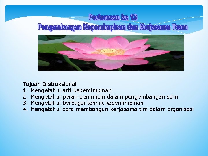 Tujuan Instruksional 1. Mengetahui arti kepemimpinan 2. Mengetahui peran pemimpin dalam pengembangan sdm 3.