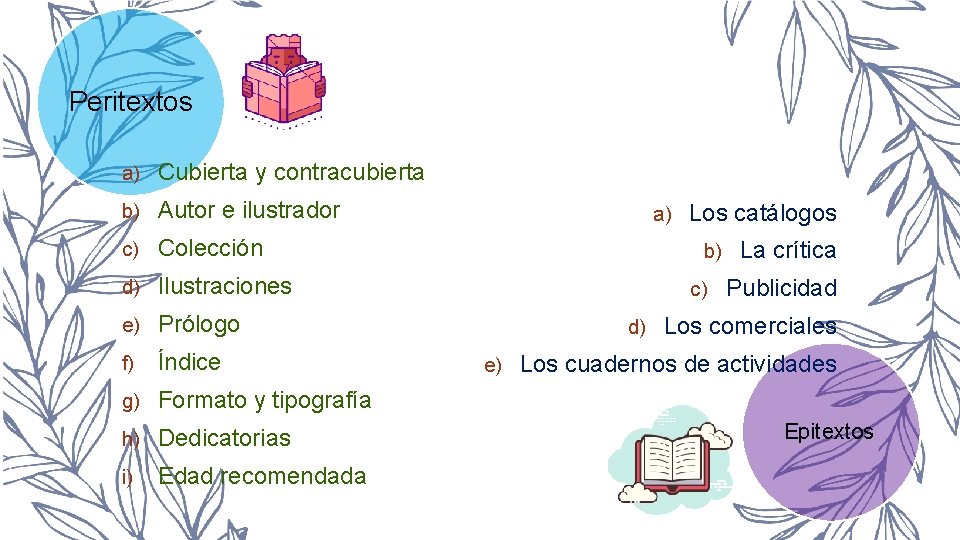 Peritextos a) Cubierta y contracubierta b) Autor e ilustrador c) Colección d) Ilustraciones e)