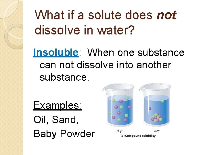What if a solute does not dissolve in water? Insoluble: When one substance can