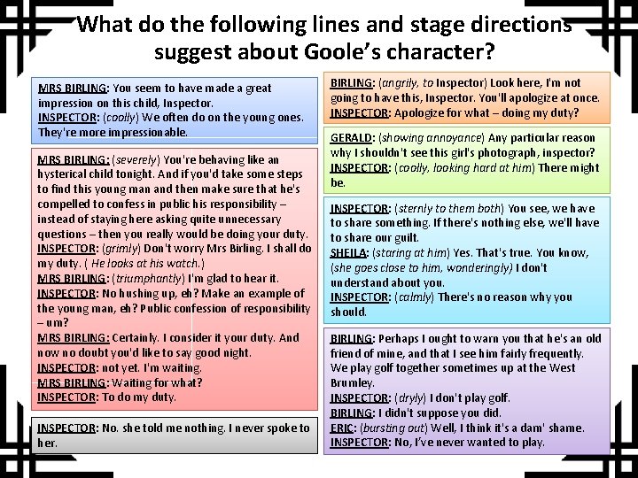 What do the following lines and stage directions suggest about Goole’s character? MRS BIRLING: